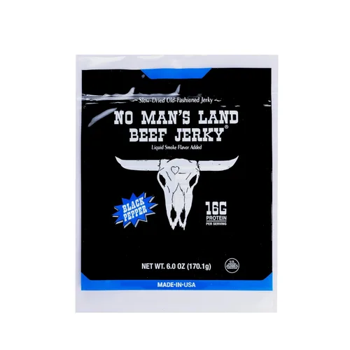 Vista 14 de No Mans Land Beef Jerky - Pimienta negra Tiras de carne seca secadas lentamente, ahumadas y sazonadas Bocadillo de carne de res alto