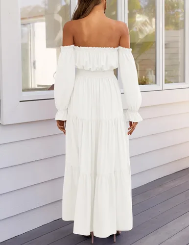Vista 4 de ZESICA - Vestido largo, bohemio y sexy, con hombros descubiertos y manga larga fruncida, con elástico fruncido, cintura alta y abertura lateral