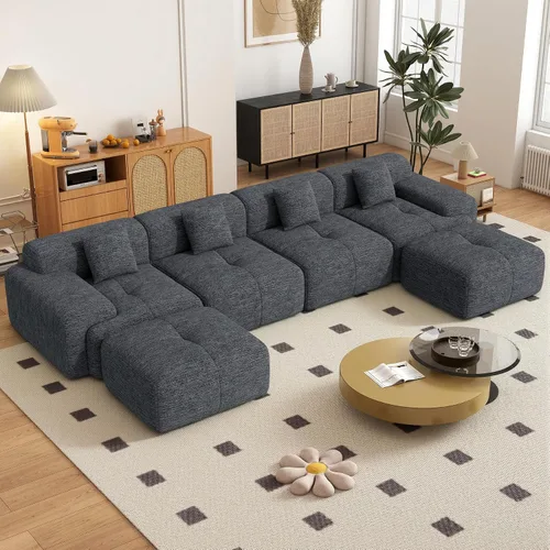 Vista 11 de Sofá modular convertible en forma de L de 122", sofá seccional tipo nube con otomán, sofás de chenilla sin estructura de 4 plazas para sala de Beige