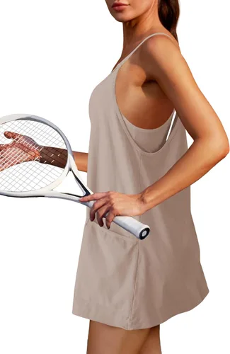 Vista 2 de Nirovien Vestido de tenis para mujer, mini vestido de entrenamiento con pantalones cortos, sin mangas, tirantes delgados, vestidos atléticos de golf