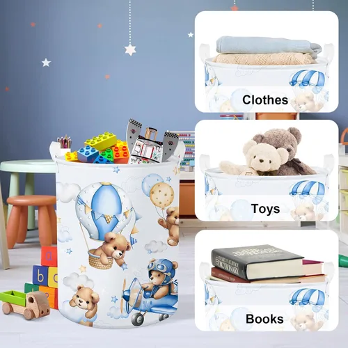 Vista 5 de Clastyle Cesta grande de 45 L con asa plegable para almacenamiento de juguetes con tapa para guardería y niños, con diseño de oso azul