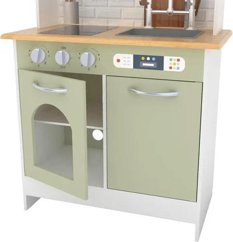 Vista 3 de Teamson Kids Little Chef Juego de cocina de madera – Cocina de simulación verde y blanco para niños con perillas interactivas, puertas y ganchos