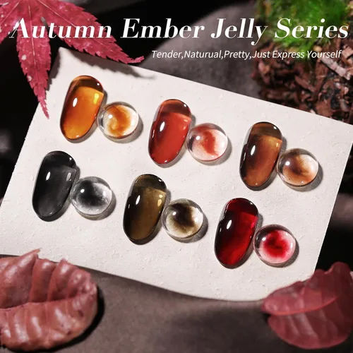 Vista 5 de Born Pretty Esmalte de uñas de gel de color ámbar cristal marrón naranja burdeos rojo negro para otoño e invierno, esmalte de uñas transparente
