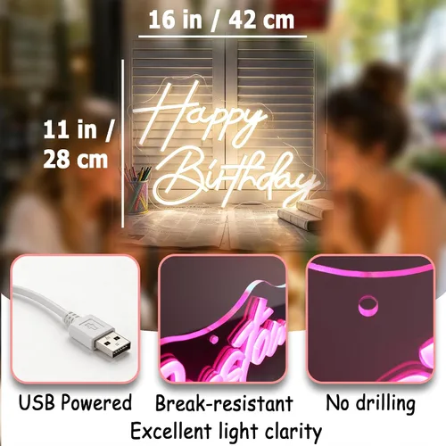 Vista 3 de Letrero de neón de feliz cumpleaños, luces de neón LED regulables, para fiesta de cumpleaños, letreros de neón para decoración de pared, alimentados