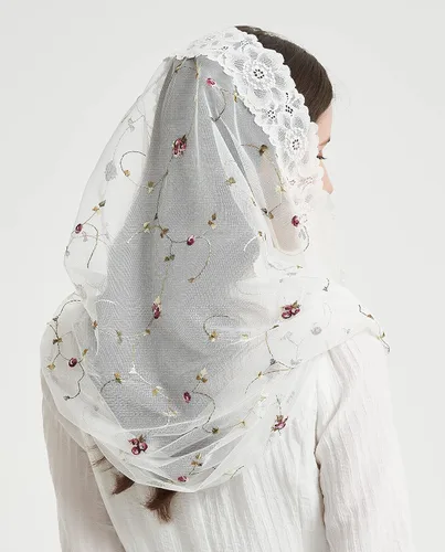Vista 4 de Velos católicos para mujer, encaje de rosa, bordado infinito, forma de Mantilla velo cubierta de cabeza M3