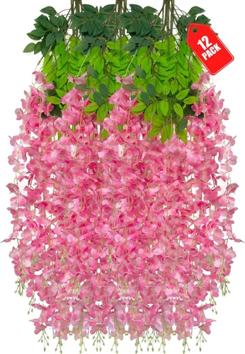 Vista 63 de Paquete de 12 flores colgantes de glicina rosa, flores colgantes falsas de 3.44 pies, guirnalda de glicina artificial para decoración de boda, telón