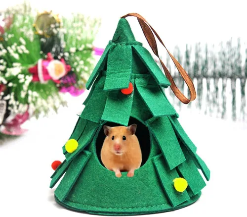 Vista 4 de Juego de 5 piezas de hámster para masticar, árbol de madera, decoración de hábitat, sombrero de Navidad para chinchillas de animales pequeños