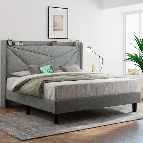 Vista 3 de Feonase Marco de cama King, marco de cama tapizado con puertos tipo C y USB, estante con respaldo de alas, soporte de listones de madera maciza,