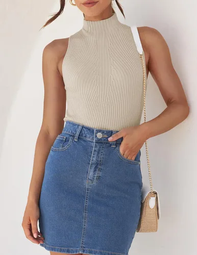 Vista 3 de ZESICA Camisetas sin mangas de verano para mujer, cuello de tortuga, de punto acanalado, ajustadas, básicas, casuales