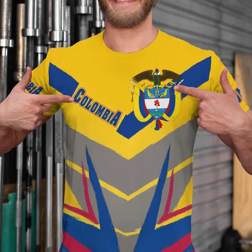 Vista 2 de BJU Camiseta de la bandera de Colombia con la insignia de la bandera, camiseta estampada en 3D, cuello redondo, manga corta, informal, unisex
