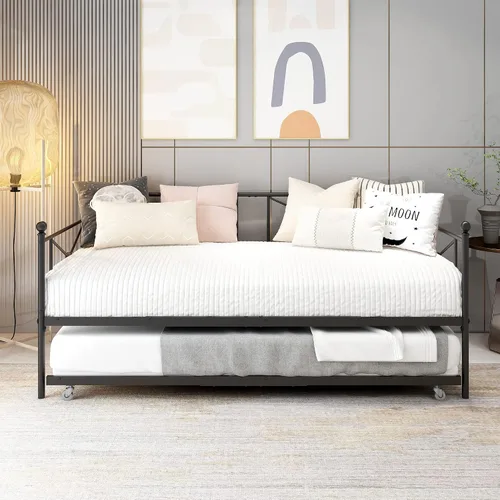 Vista 4 de Sofá cama con base de sofá cama nido con cabecero, soporte de listones de acero premium, base de colchón multifuncional, individual, negro