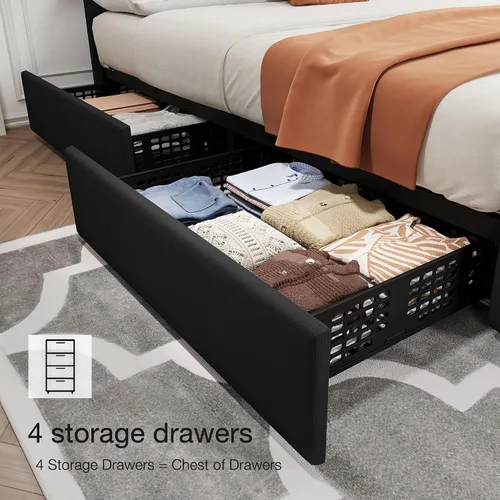 Vista 4 de IDEALHOUSE - Base de cama tamaño matrimonial con 4 cajones de almacenamiento y cabecera ajustable, camas con plataforma tapizada en lino, botones