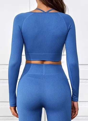 Vista 4 de Dokotoo Camiseta sin mangas para mujer, 2 piezas, acanalada, sin costuras, cuello cuadrado, manga larga, cuello halter, ajustada, camiseta de yoga