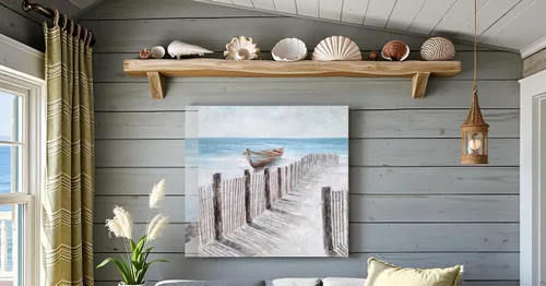 Vista 8 de Yihui Arts - Lienzo decorativo para pared de playa con diseño de bote azul y gris costero náutico cuadrado, pintura artística para decoración
