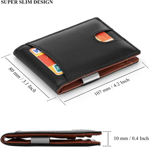 Vista 3 de HAWEE Cartera delgada de cuero extraíble con bloqueo RFID de cuero genuino, Negro sin cremallera, Minimalista