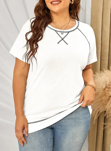Vista 119 de Eytino Blusas de talla grande para mujer, cuello en V, manga corta, a rayas, casual, holgada, con bolsillo (1X-5X)