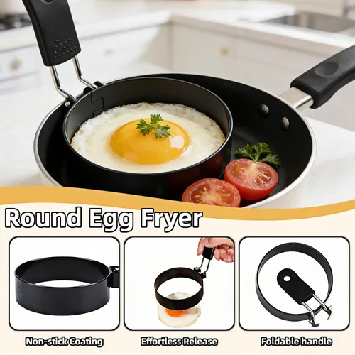 Vista 5 de Anillos de huevo de acero inoxidable de 3.5 pulgadas para panqueques, molde antiadherente para huevos con mango de silicona, molde redondo