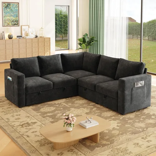 Vista 2 de Sofá modular de 85 pulgadas con cama extraíble, sofá modular de 5 asientos en forma de L con almacenamiento, sofás seccionales para sala de estar