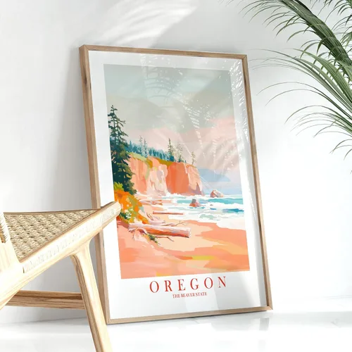 Vista 5 de ColorAndFlair Oregon Travel Print Coastal Ocean Pink Orange Wall Art Retro Poster Beaver State Souvenir Beach Painting (8x10 inches)