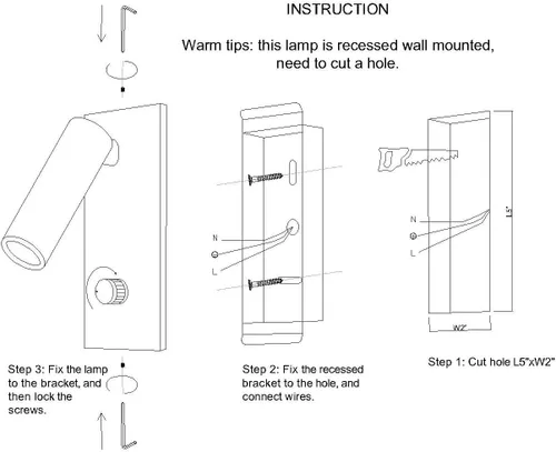 Vista 6 de Meanyee Lámpara de lectura de pared con interruptor giratorio/regulable/brazo ajustable/incrustado/níquel cepillado/3000K LED/MY-WN225B