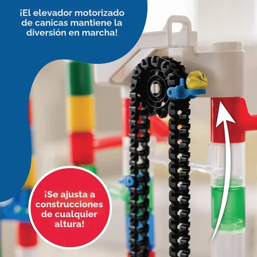 Vista 4 de MindWare Marble Run - Juego de construcción de 110 piezas con 82 piezas de pista, 15 canicas y elevador motorizado