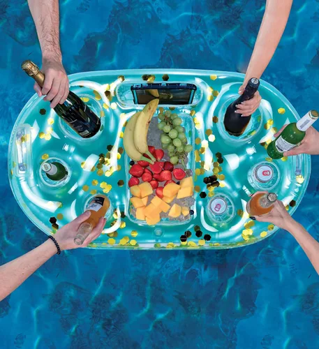Vista 5 de POZA Hielera flotante inflable dorada – Lujoso soporte para bebidas relleno de confeti brillante, flotador de fiesta premium con 8 soportes, barra