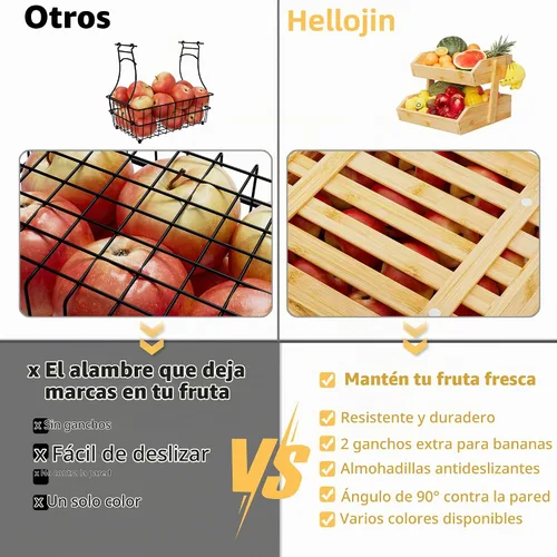 Vista 4 de Cesta de frutas de bambú de 2 niveles para encimera de cocina, encimera de almacenamiento de frutas de gran capacidad, soporte para frutas