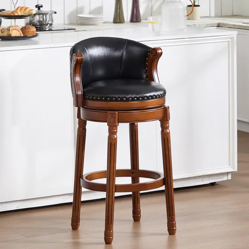 Vista 10 de RAINMOOD Taburete de bar, taburetes de bar giratorios de estilo moderno de mediados de siglo con asiento de cuero y patas de madera, silla