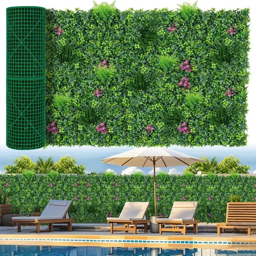 Vista 8 de Grooy Pared de césped artificial de 40 x 120 pulgadas (33.33 pies cuadrados), pared de fondo de vegetación con paneles de césped falso antirayos UV