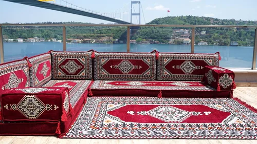 Vista 2 de arabicsofa Juego de sofá de piso árabe granate en forma de L - Majlis modular hecho a mano con asientos bajos
