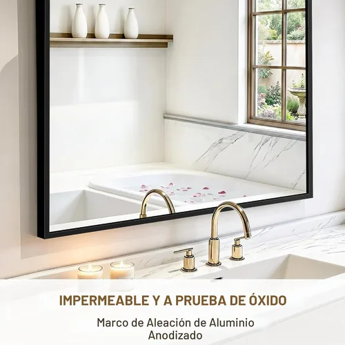 Vista 5 de Espejo rectangular para baño, 30 x 20 pulgadas, marco de metal negro, espejo de pared inastillable HD, para colgar horizontal o verticalmente, fácil