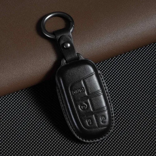 Vista 3 de Funda de cuero para llavero de coche, color marrón, compatible con Jeep 5 botones, Negro