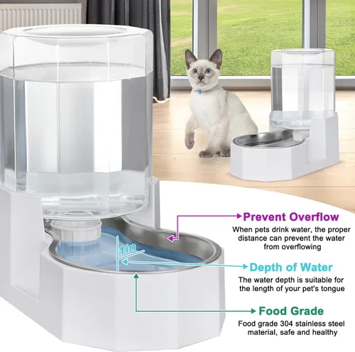 Vista 5 de Sfozstra - Dispensador de agua por gravedad: Comedero automático de 4L en acero inoxidable blanco para gatos sin filtros para mascotas, uso