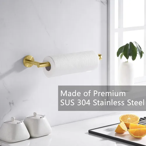 Vista 3 de Toallero de papel dorado cepillado, estante de papel para toallas debajo del gabinete de cocina, dispensador redondo de acero inoxidable SUS304