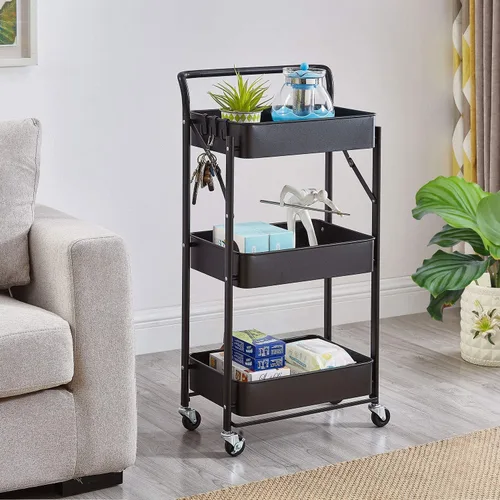 Vista 6 de BEEY Carrito de almacenamiento plegable de metal con ruedas, sin montaje, cesta de mercado de alambre de metal, organizador de almacenamiento Negro