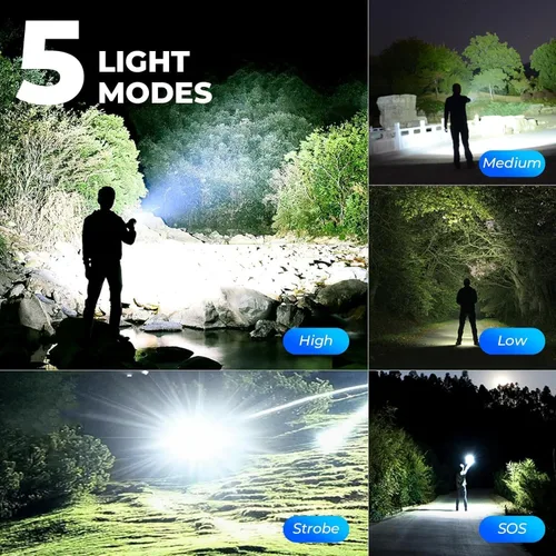 Vista 4 de Paquete de 3 linternas recargables de alto lúmenes, 990,000 lúmenes, linternas LED superbrillantes con enfoque ajustable, 5 modos, IPX7 impermeable