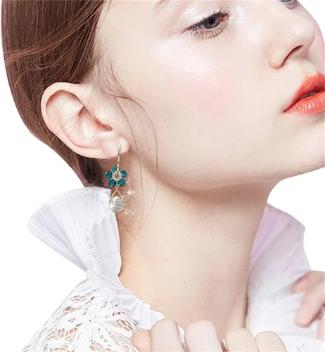Vista 4 de Aretes de flores azules de calidad, diseño especial, aretes de gota de agua, aretes de flores de calidad, aretes retro extranjeros únicos, aretes