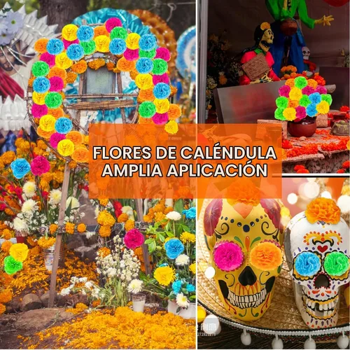 Vista 4 de Labeol 50 piezas de flores de caléndula artificiales, cabezas de flores de caléndula a granel, decoración mexicana, guirnalda de caléndula de seda