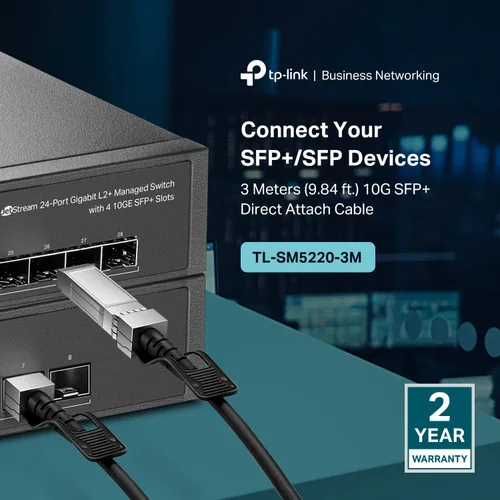 Vista 2 de TP-Link Omada SM5220-3M Cable de conexión directa 10G SFP+ (DAC) de 9.8 ft/ 10 pies Cable Twinax pasivo Conector SFP+ 10GBASE-CU a SFP+ Plug