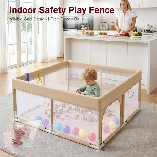 Vista 5 de Kidirect Corralito para bebés 47x47, beige, patio de juegos integrado con Beige-47" X 47