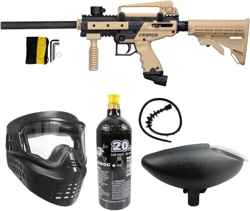Vista 11 de Maddog Tippmann Cronus Tactical Paintball Gun Marker and Bronze Accessory Starter Package Comes with Marker, Anti-Fog Mask, Hopper, Harness, Pods