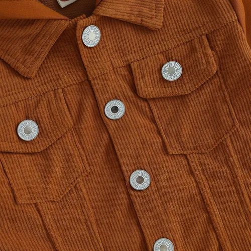 Vista 6 de Chaquetas con capucha para bebé niño con bloques de color, manga larga, con botones, camisas de pana casual, ropa de otoño