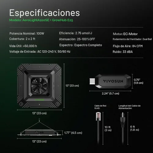 Vista 6 de VIVOSUN AeroLight A100SE - Luz LED de cultivo de 100 W con ventilador y control inteligente Incluye compatibilidad GrowHub E25 y E42A, control
