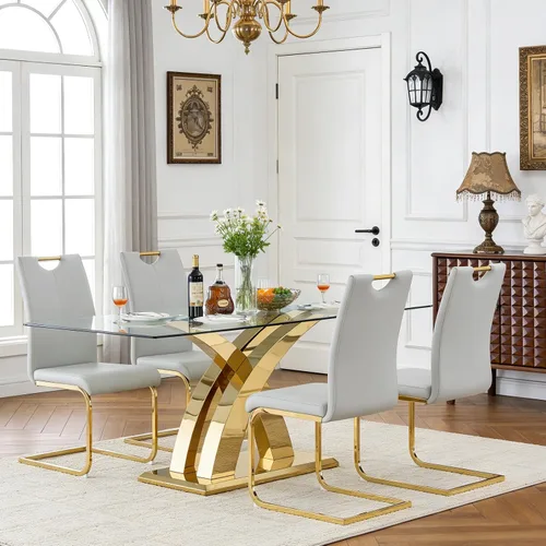 Vista 27 de Juego de mesa de comedor de vidrio de 70 pulgadas para 4, mesa rectangular de cristal dorado con 4 sillas de piel sintética, juego de mesa de Mesa