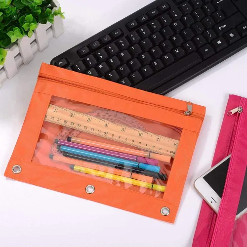 Vista 7 de Estuche para lápices con 3 anillas, con cremallera, estuche para cosméticos, color negro, paquete de 2
