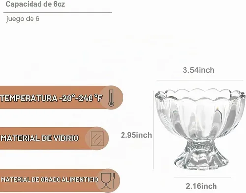 Vista 2 de Tazón de postre para helado, juego de 6, 6oz de cristal vintage con base pesada, taza para helado, fruta, postre, aperitivo, condimento (6)