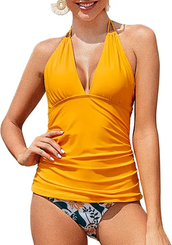 Vista 2 de Yonique Traje de baño de dos piezas para mujer, tankini con control de abdomen, talla extragrande, con cuello en V estilo halter