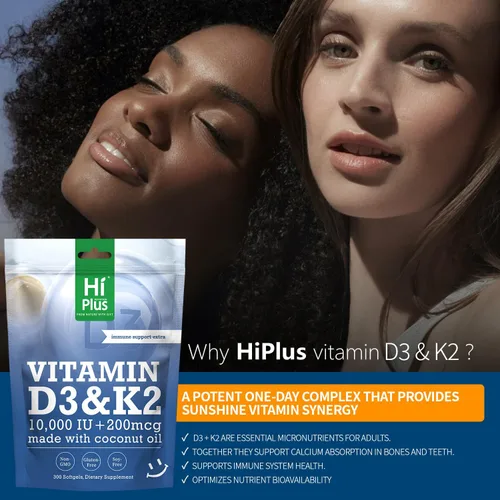 Vista 9 de Vitamina D3 10,000 UI + K2 200 mcg, 300 cápsulas blandas Aceite de coco Apoyo 2 en 1 para huesos, inmunes y cardíacos Fácil de tragar, sin OMG