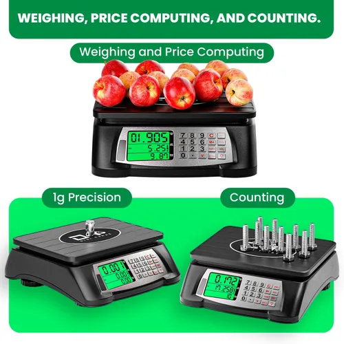 Vista 7 de Báscula de Cálculo de Precios, Báscula Comercial para Alimentos, Función de Contaje, 66 lb/30 kg, 1 g, Recargable, Diseño Impermeable, Teclas