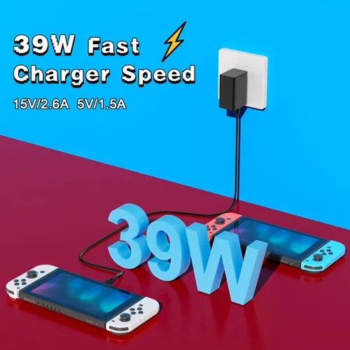 Vista 2 de Cargador USB-C de 39 W compatible con Nintendo Switch, OLED, Lite, Dock, compatible con Switch 2 y Pro Controller 15V2.6A compatible con modo TV